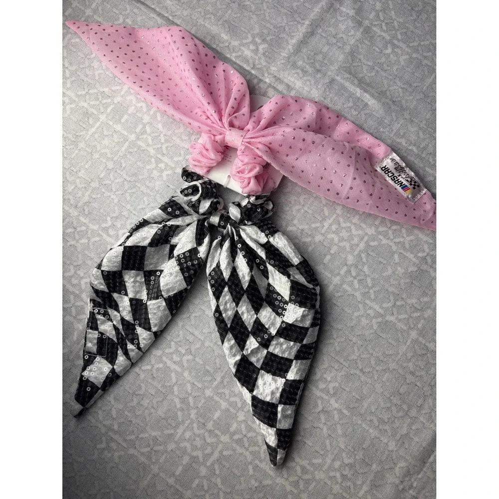 Justice NASCAR Hair Twisters Girls O/S Pink Black Checkered Sequin Bow 2PK Race